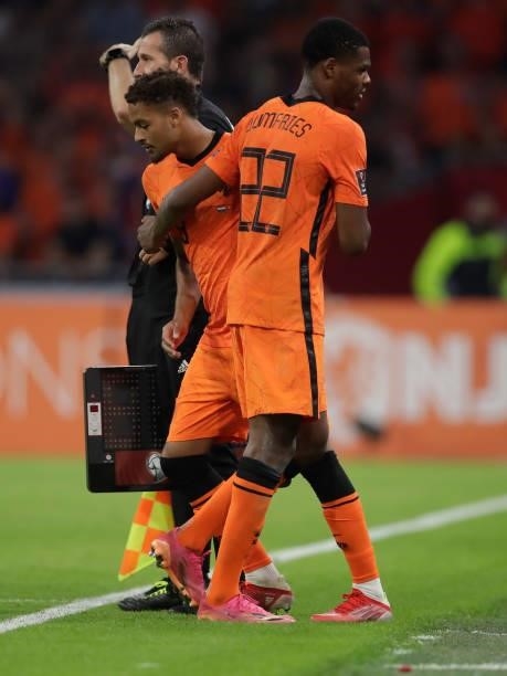 Denzel Dumfries of Holland, Devyne Rensch of Holland during the World Cup Qualifier match between Holland v Turkey at the Johan Cruijff Arena on...