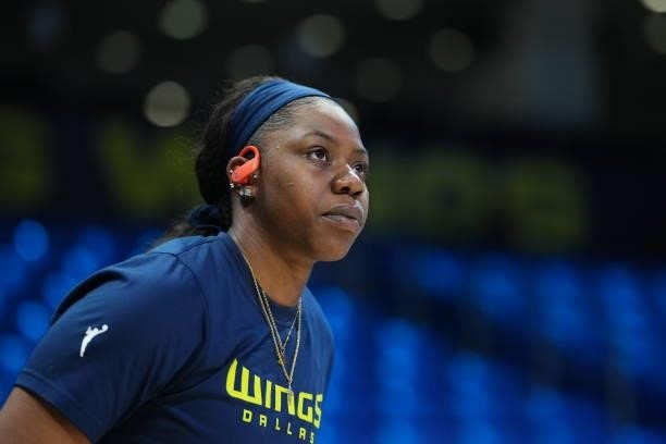 Arike Ogunbowale of the Dallas Wings warms up before the game against the Connecticut Sun on September 7, 2021 at College Park Center in Arlington,...