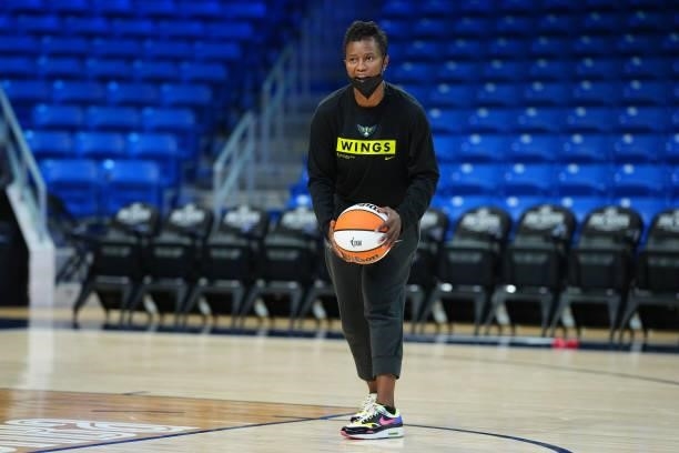 Head Coach Vickie Johnson of the Dallas Wings warms up before the game against the Connecticut Sun on September 7, 2021 at College Park Center in...