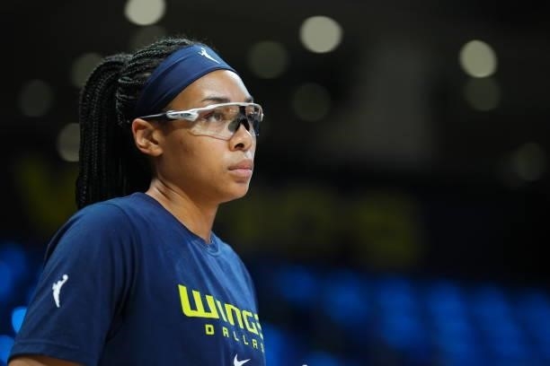 Allisha Gray of the Dallas Wings warms up before the game against the Connecticut Sun on September 7, 2021 at College Park Center in Arlington, TX....