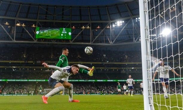 Dublin , Ireland - 7 September 2021; Adam Idah of Republic of Ireland in action against Strahinja Pavlovi of Serbia after the FIFA World Cup 2022...