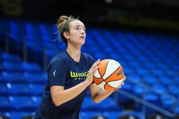 Marina Mabrey of the Dallas Wings warms up before the game against the Connecticut Sun on September 7, 2021 at College Park Center in Arlington, TX....