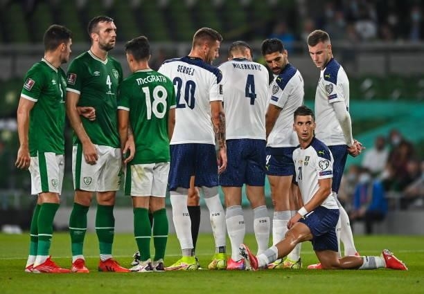 Dublin , Ireland - 7 September 2021; Filip Djurii of Serbia takes up a position behind his side's wall before a freekick during the FIFA World Cup...