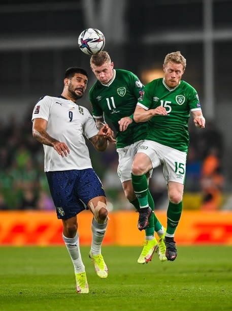 Dublin , Ireland - 7 September 2021; Aleksandar Mitrovi of Serbia in action against James McClean, centre, and Daryl Horgan of Republic of Ireland...