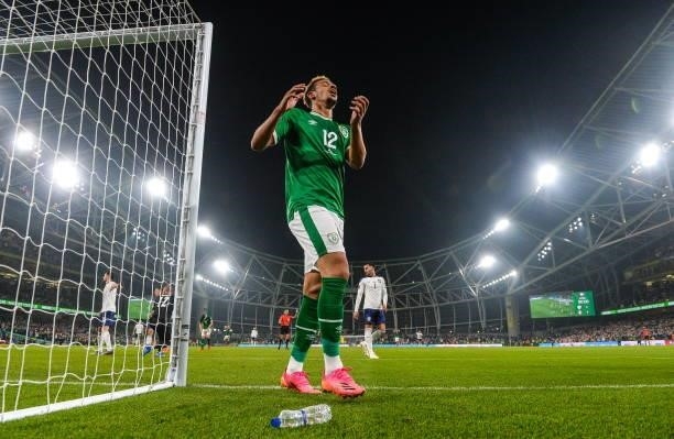 Dublin , Ireland - 7 September 2021; Callum Robinson of Republic of Ireland reacts after missing a goal-scoring chance during the FIFA World Cup 2022...