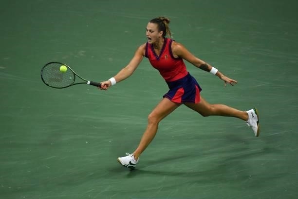 Belarus's Aryna Sabalenka hits a return to Czech Republic's Barbora Krejcikova during their 2021 US Open Tennis tournament women's quarter-finals...