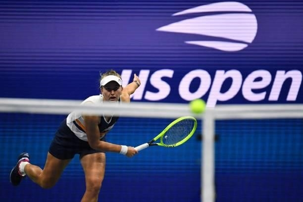 Czech Republic's Barbora Krejcikova hits a return to Belarus's Aryna Sabalenka during their 2021 US Open Tennis tournament women's quarter-finals...