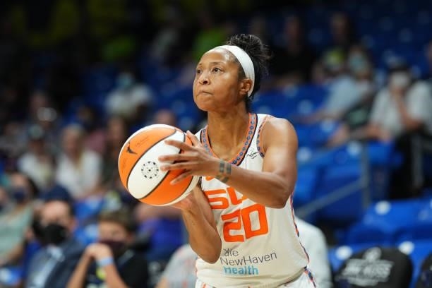 Briann January of the Connecticut Sun handles the ball during the game against the Dallas Wings on September 7, 2021 at College Park Center in...