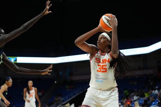 Jonquel Jones of the Connecticut Sun handles the ball during the game against the Dallas Wings on September 7, 2021 at College Park Center in...