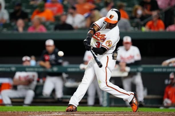 Cedric Mullins of the Baltimore Orioles hits a solo home run in the bottom of the seventh inning during the game between the Kansas City Royals and...