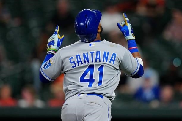 Carlos Santana of the Kansas City Royals celebrates after hitting a solo home run in the top of the fourth inning during the game between the Kansas...