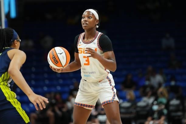 Kaila Charles of the Connecticut Sun handles the ball during the game against the Dallas Wings on September 7, 2021 at College Park Center in...
