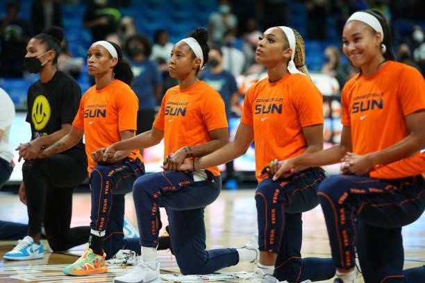 Briann January of the Connecticut Sun and teammates look on before the game against the Dallas Wings on September 7, 2021 at College Park Center in...