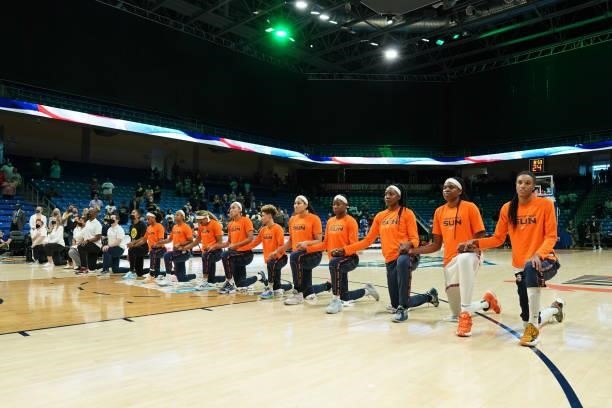 Connecticut Sun players and coaches look on before the game against the Dallas Wings on September 7, 2021 at College Park Center in Arlington, TX....