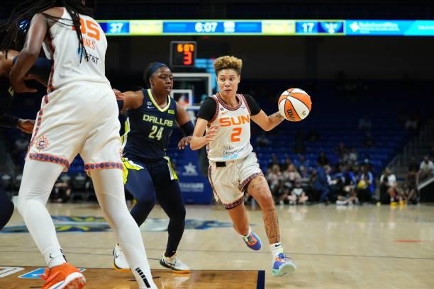 Natisha Hiedeman of the Connecticut Sun drives to the basket during the game against the Dallas Wings on September 7, 2021 at College Park Center in...