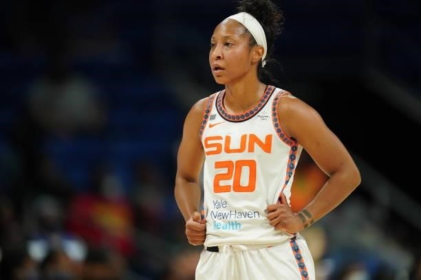 Briann January of the Connecticut Sun looks on during the game against the Dallas Wings on September 7, 2021 at College Park Center in Arlington, TX....