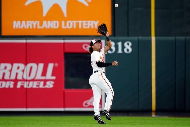 Jahmai Jones of the Baltimore Orioles makes a catch during the game between the Kansas City Royals and the Baltimore Orioles at Oriole Park at Camden...