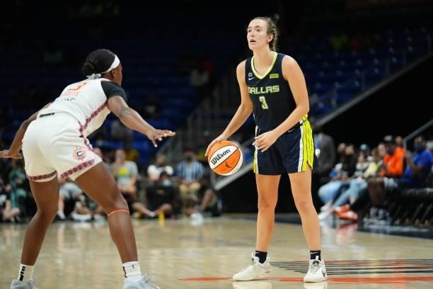 Marina Mabrey of the Dallas Wings handles the ball during the game against the Connecticut Sun on September 7, 2021 at College Park Center in...