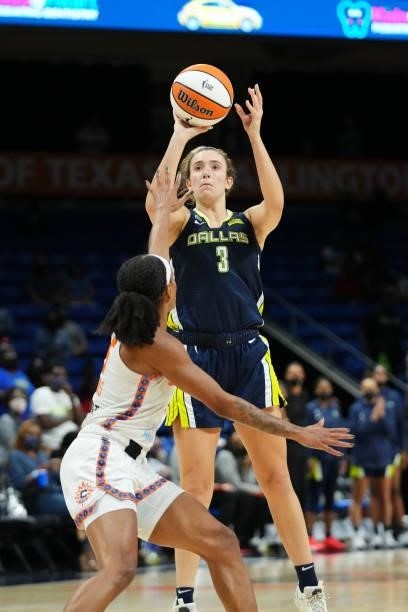 Marina Mabrey of the Dallas Wings shoots the ball during the game against the Connecticut Sun on September 7, 2021 at College Park Center in...