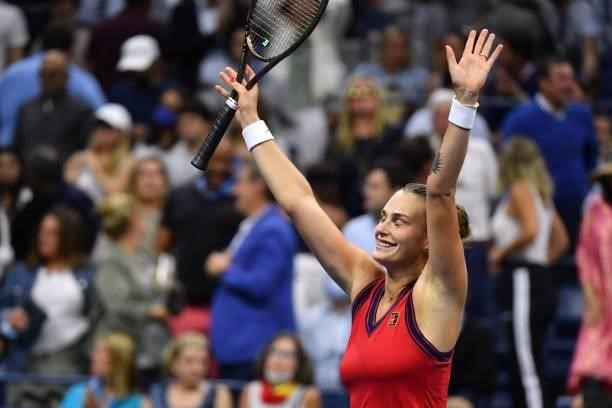 Belarus's Aryna Sabalenka celebrates after winning her 2021 US Open Tennis tournament women's quarter-finals match against Czech Republic's Barbora...