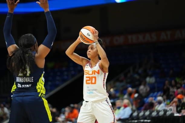 Briann January of the Connecticut Sun handles the ball during the game against the Dallas Wings on September 7, 2021 at College Park Center in...