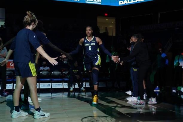 Kayla Thornton of the Dallas Wings is introduced before the game against the Connecticut Sun on September 7, 2021 at College Park Center in...