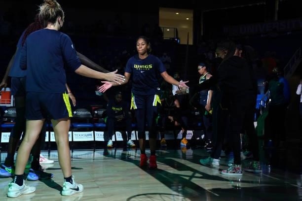 Tyasha Harris of the Dallas Wings is introduced before the game against the Connecticut Sun on September 7, 2021 at College Park Center in Arlington,...