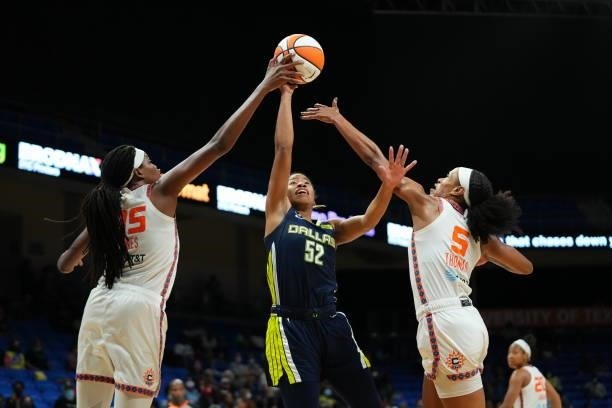 Tyasha Harris of the Dallas Wings shoots the ball during the game against the Connecticut Sun on September 7, 2021 at College Park Center in...