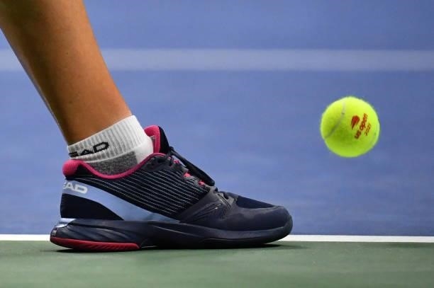 Czech Republic's Barbora Krejcikova's shoe is seen as she serves to Belarus's Aryna Sabalenka during their 2021 US Open Tennis tournament women's...