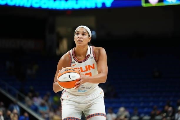 Brionna Jones of the Connecticut Sun looks on during the game against the Dallas Wings on September 7, 2021 at College Park Center in Arlington, TX....