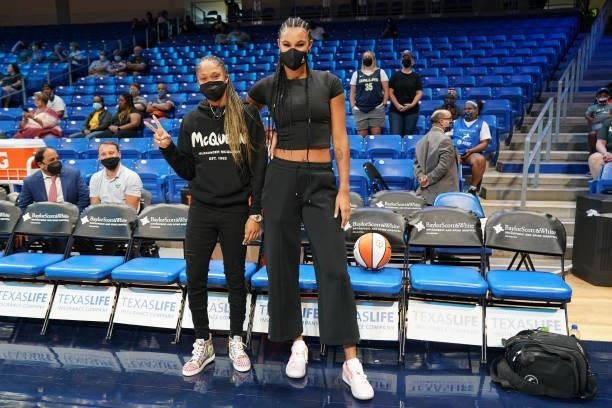 Moriah Jefferson and Satou Sabally of the Dallas Wings pose before the game against the Connecticut Sun on September 7, 2021 at College Park Center...