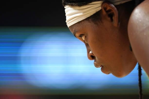 Jonquel Jones of the Connecticut Sun looks on during the game against the Dallas Wings on September 7, 2021 at College Park Center in Arlington, TX....