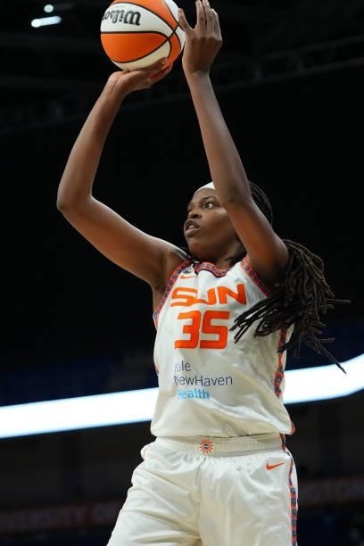 Jonquel Jones of the Connecticut Sun shoots the ball during the game against the Dallas Wings on September 7, 2021 at College Park Center in...