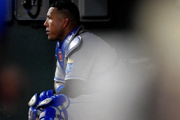 Salvador Perez of the Kansas City Royals looks on from the dugout during the game between the Kansas City Royals and the Baltimore Orioles at Oriole...