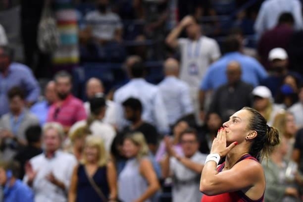 Belarus's Aryna Sabalenka blows a kiss as she celebrates after winning her 2021 US Open Tennis tournament women's quarter-finals match against Czech...