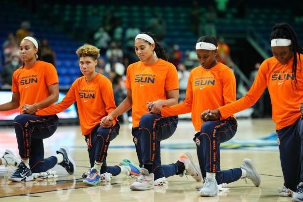 Brionna Jones of the Connecticut Sun and teammates look on before the game against the Dallas Wings on September 7, 2021 at College Park Center in...