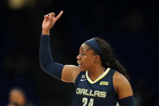 Arike Ogunbowale of the Dallas Wings points during the game against the Connecticut Sun on September 7, 2021 at College Park Center in Arlington, TX....