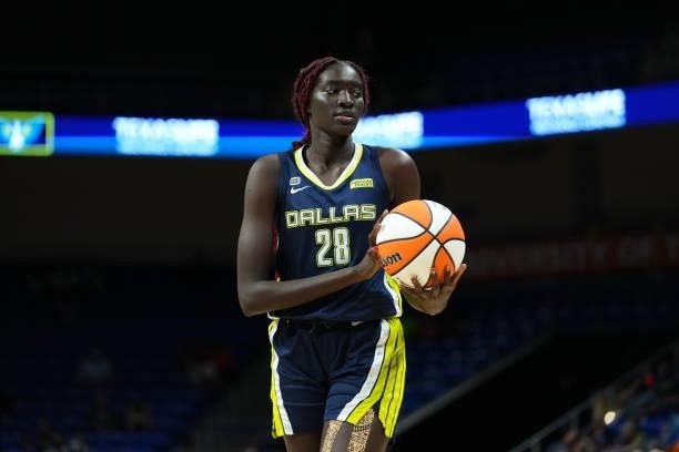 Awak Kuier of the Dallas Wings looks on during the game against the Connecticut Sun on September 7, 2021 at College Park Center in Arlington, TX....