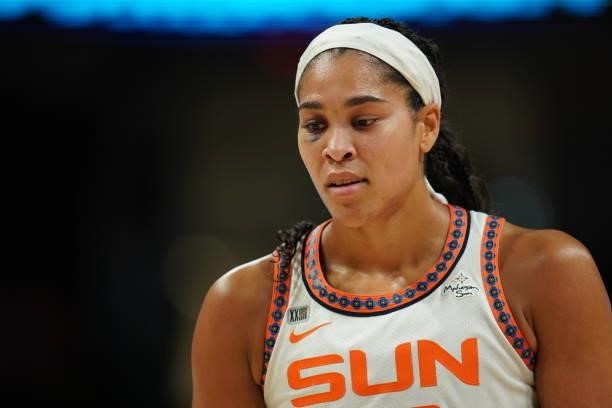 Brionna Jones of the Connecticut Sun looks on during the game against the Dallas Wings on September 7, 2021 at College Park Center in Arlington, TX....