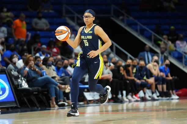 Allisha Gray of the Dallas Wings dribbles the ball during the game against the Connecticut Sun on September 7, 2021 at College Park Center in...
