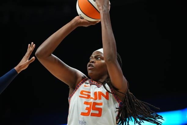 Jonquel Jones of the Connecticut Sun shoots the ball during the game against the Dallas Wings on September 7, 2021 at College Park Center in...