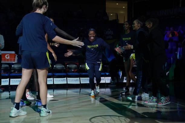 Arike Ogunbowale of the Dallas Wings is introduced before the game against the Connecticut Sun on September 7, 2021 at College Park Center in...