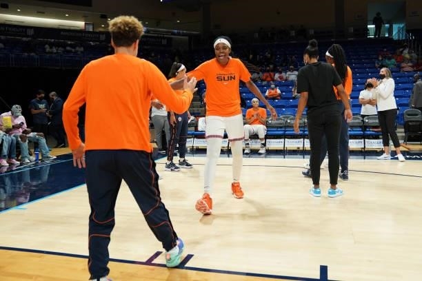 Jonquel Jones of the Connecticut Sun is introduced before the game against the Dallas Wings on September 7, 2021 at College Park Center in Arlington,...