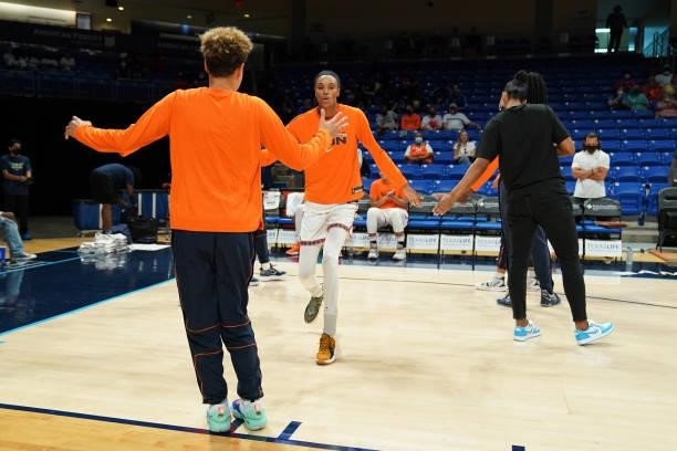 DeWanna Bonner of the Connecticut Sun is introduced before the game against the Dallas Wings on September 7, 2021 at College Park Center in...