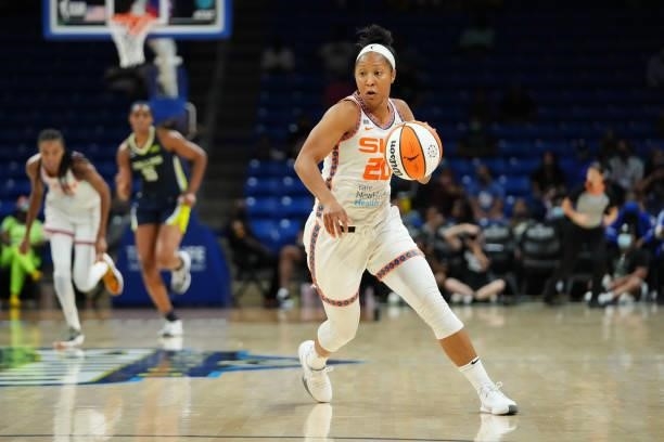 Briann January of the Connecticut Sun dribbles the ball during the game against the Dallas Wings on September 7, 2021 at College Park Center in...