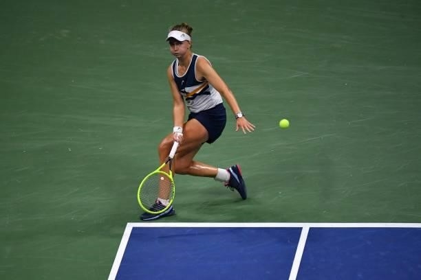 Czech Republic's Barbora Krejcikova hits a return to Belarus's Aryna Sabalenka during their 2021 US Open Tennis tournament women's quarter-finals...