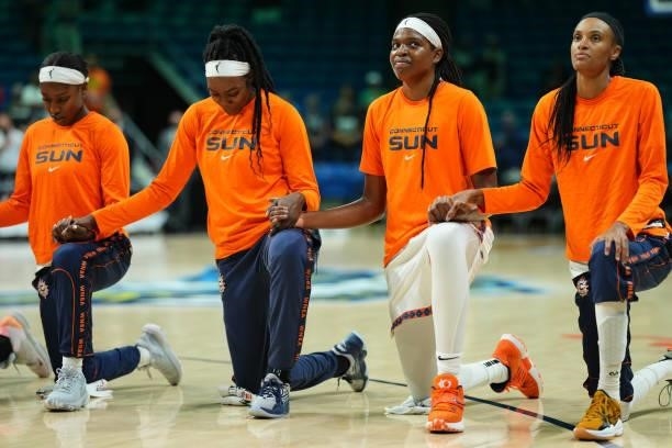 Jonquel Jones of the Connecticut Sun and teammates look on before the game against the Dallas Wings on September 7, 2021 at College Park Center in...