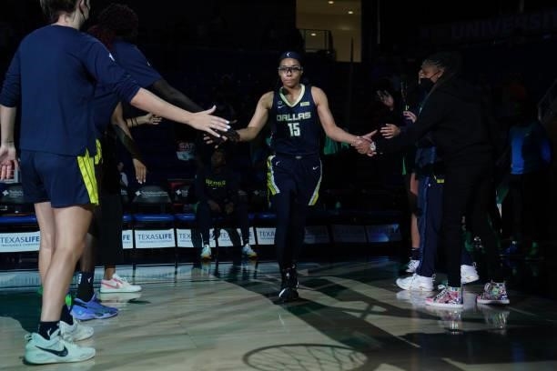 Allisha Gray of the Dallas Wings is introduced before the game against the Connecticut Sun on September 7, 2021 at College Park Center in Arlington,...