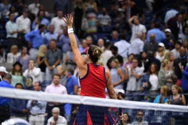 Belarus's Aryna Sabalenka celebrates after winning her 2021 US Open Tennis tournament women's quarter-finals match against Czech Republic's Barbora...