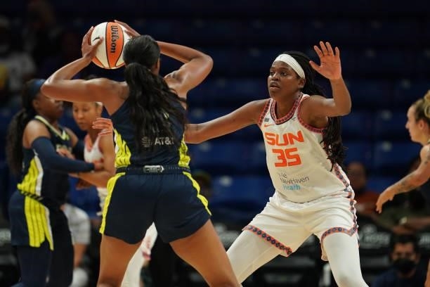 Jonquel Jones of the Connecticut Sun plays defense during the game against the Dallas Wings on September 7, 2021 at College Park Center in Arlington,...